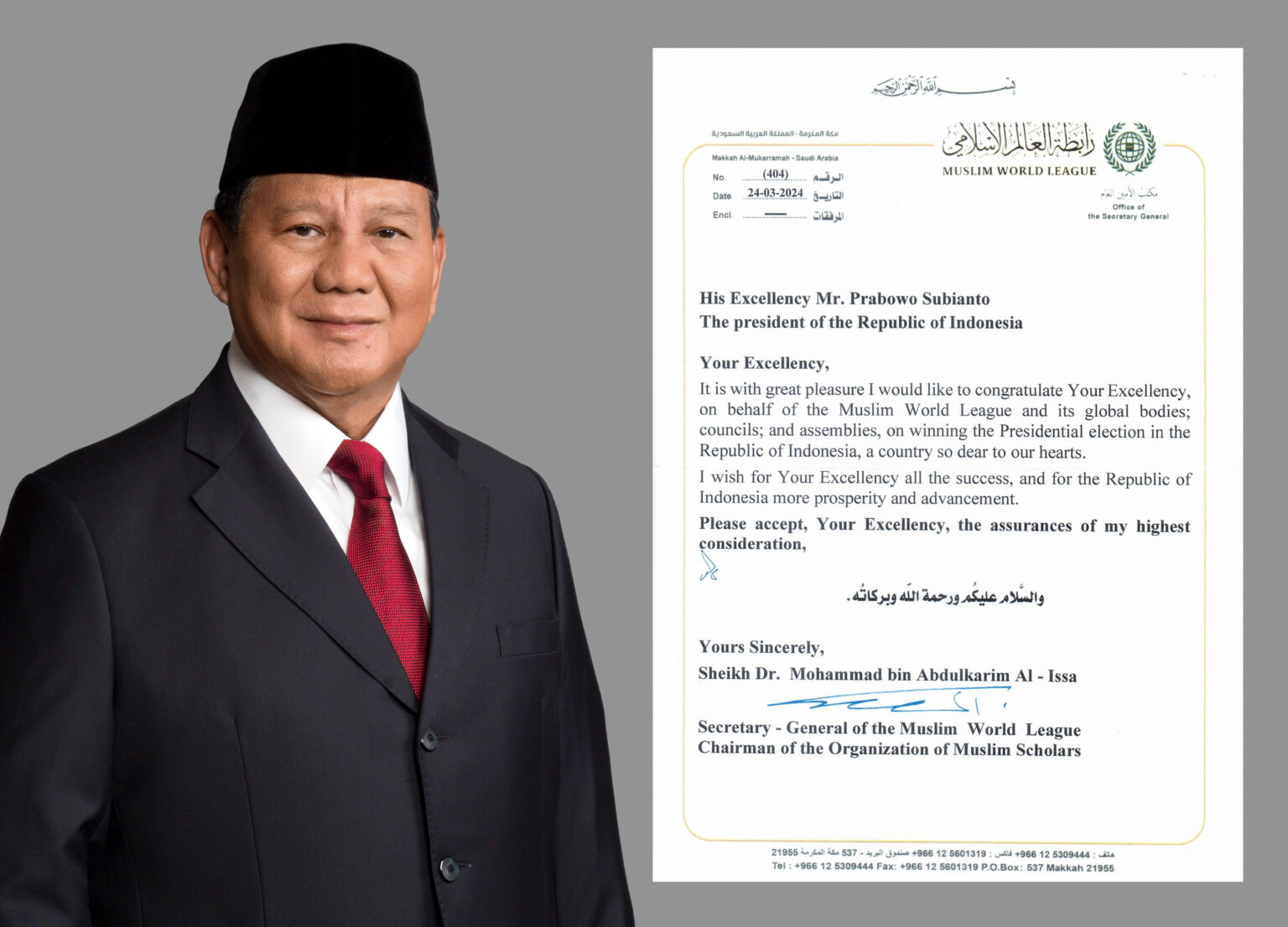 World Muslim League Extends Congratulations to Prabowo Subianto for Presidential Triumph